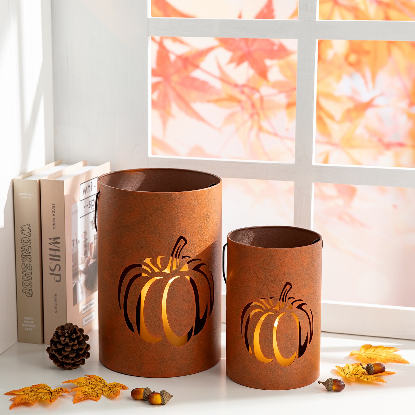 Set of 2 Metal Cutout Pumpkin Bucket