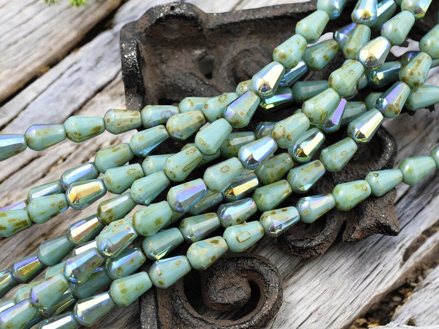 *19* 6x8mm Opaque Turquoise Picasso AB Vertical Teardrop Beads