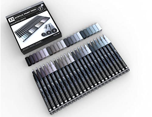Acrylic Paint Pens Gray Tones 22 Assorted Pro Color Series Grey Markers Set 0.7mm Extra Fine Tip for Rock Painting, Glass, Mugs, Wood, Metal, Canvas, DIY Projects, Non Toxic, Waterbased, Quick Drying