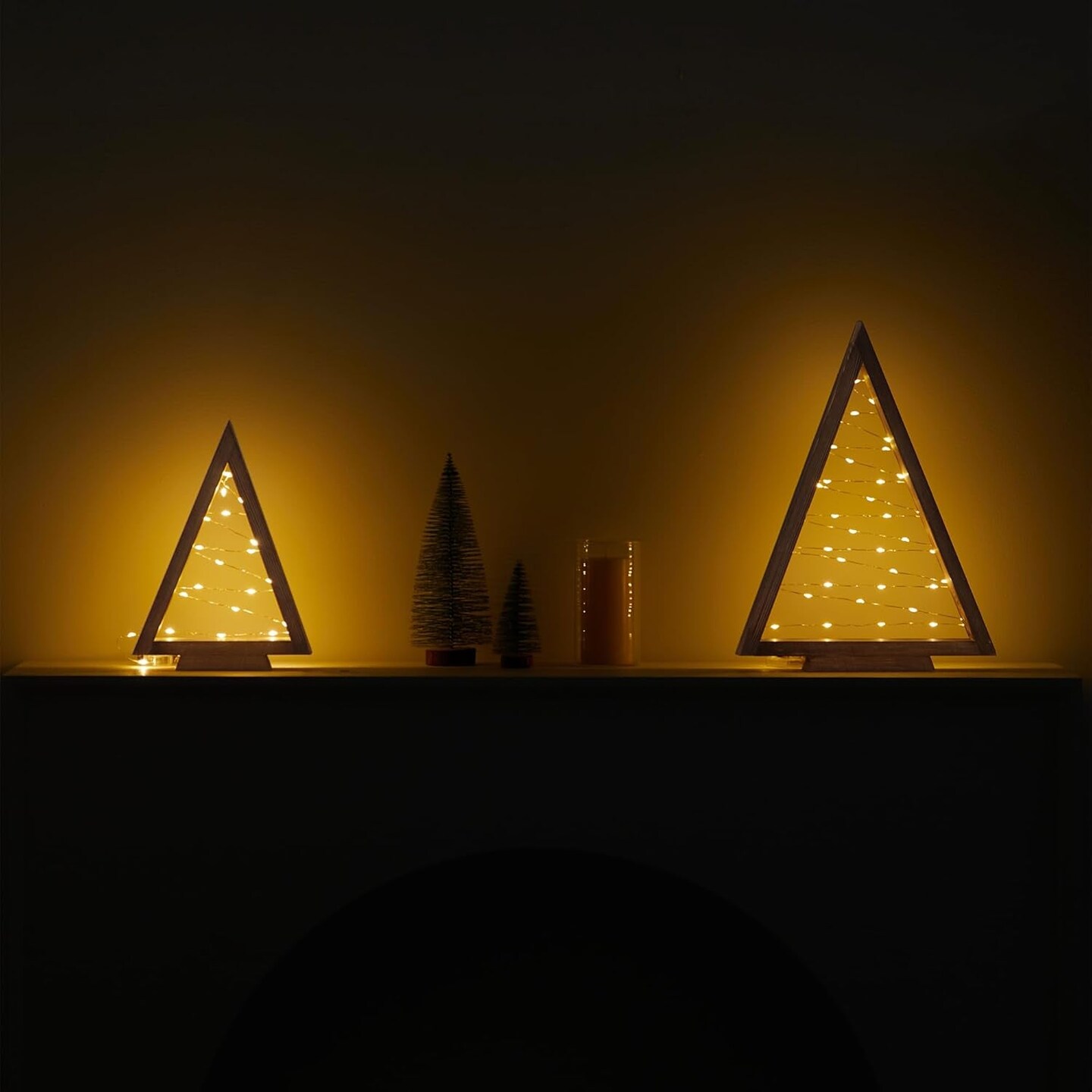 Wood Christmas Tree with Lights, Modern Farmhouse Lighted Tabletop Christmas Tree for Home Table Fireplace Mantle Shelf Decor, Christmas Holiday Decorations Set of 2 (Large 13.3&#x22; &#x26; Small 9.8&#x22;)