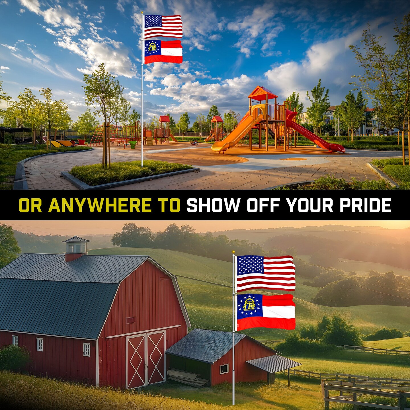 G128 Combo Pack: 25 Ft Telescoping Aluminum Flagpole (Silver) & American and Georgia Flags 3x5 Ft, Both ToughWeave Series Embroidered Polyester | Pole with Flags Included