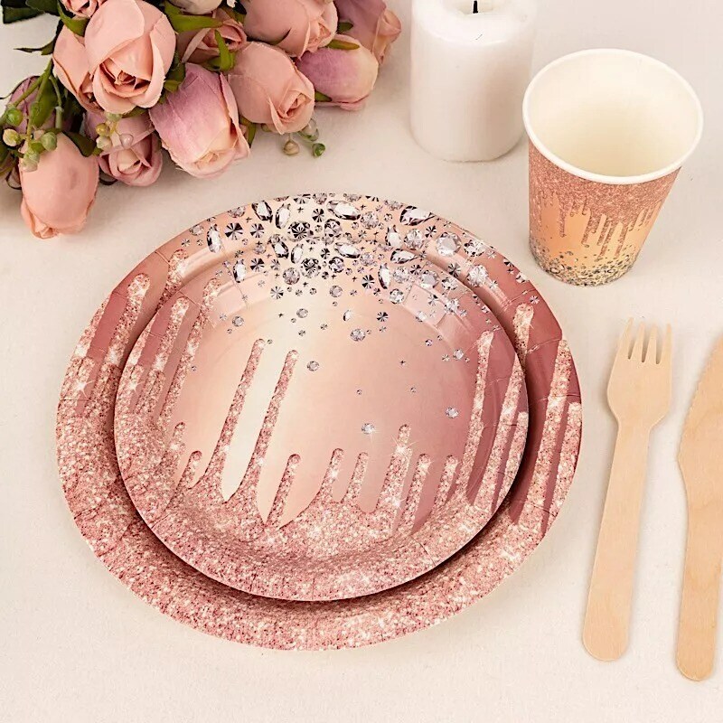 72 Rose Gold Disposable Paper Tableware Set Diamond Glitter Pattern Party Events