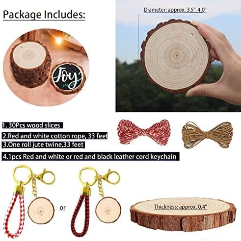 Wood Slices 30 Pcs 3.5-4.0 inch Natural Rounds Unfinished Wooden Circles Christmas Wood Ornaments for Crafts Wood Kit Predrilled with Hole Wood Coasters Craft Supplies for DIY and Painting