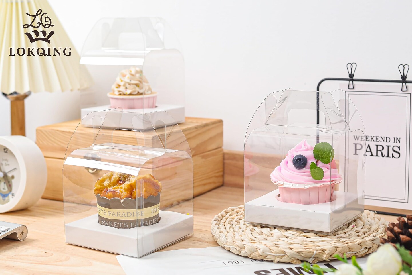 LOKQING 30 PCS Individual Cupcake Containers Single Cupcake Boxes with Handle and Inserts Clear Plastic Favor Boxes