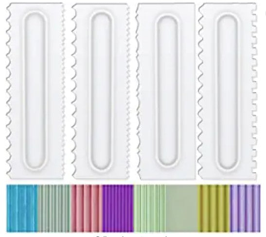 Comb and Icing Smoother Set of 4 Pack PLUS 2 MORE CAKE TOOLS Decorating Mousse Butter Cream Cake Edge Tools, Plastic Sawtooth Cake Scraper Polisher 8 Design Textures-White