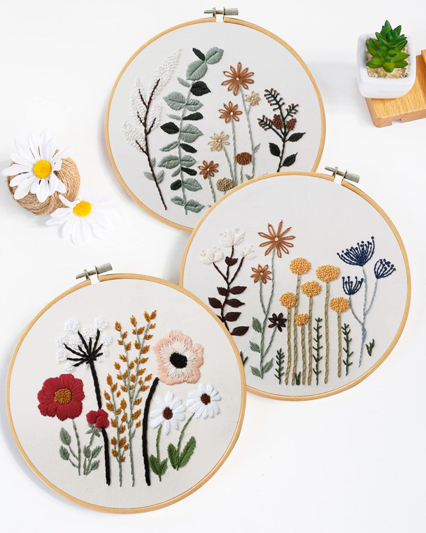 Santune 3 Sets Embroidery Kit,Cross Stitch Kits for Beginners,Needlepoint Kits for Adults with Easy Stamped Floral Pattern Fabric Hand Crafts,Hoop,Needle,Women DIY Hanging Plants,Sewing Hobby
