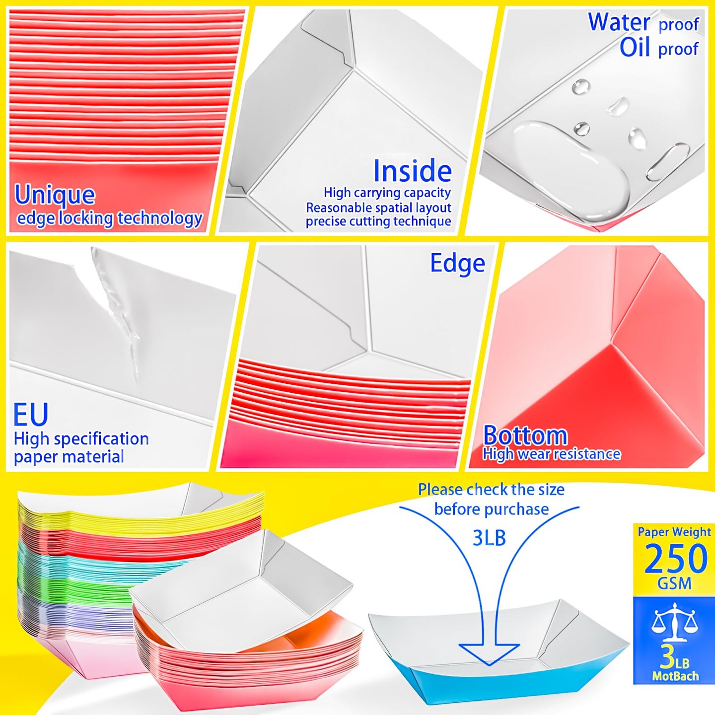 MotBach 100 Pack 3 LB Colorful Paper Food Boat Trays Disposable Paper Boats, Food Boats Colored Paper Food Serving Boat Tray Basket for Snack Burger BBQ Popcorn Taco Fries Carnival Festival Nacho