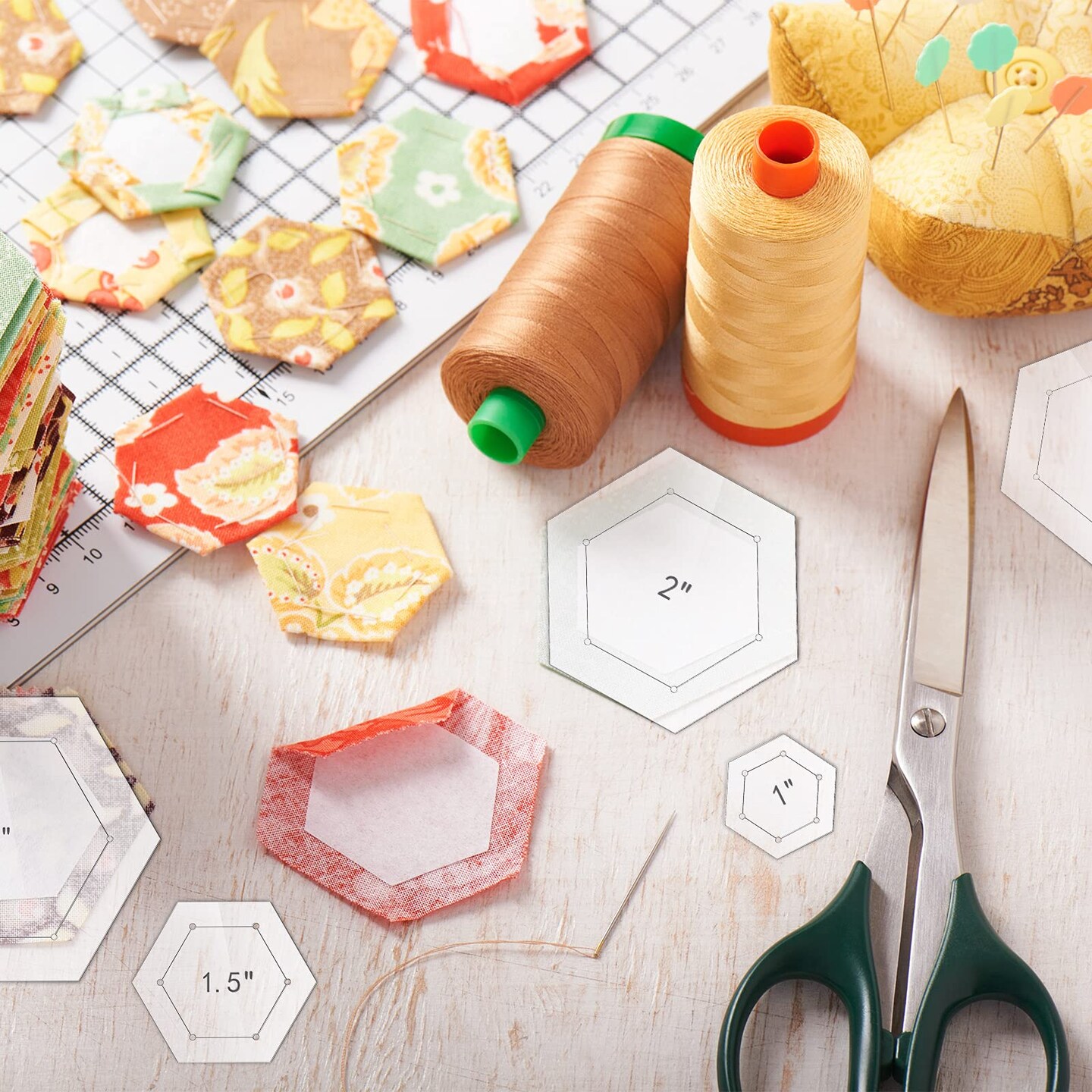 Weewooday 6 Pieces Hexagon Quilting Templates 1 Inch, 1.5 Inch, 2 Inch, 3 Inch, 4 Inch, 5 Inch with 1/4 Inch Seam Allowance, Acrylic Quilting Templates for DIY Quilting Sewing Crafts