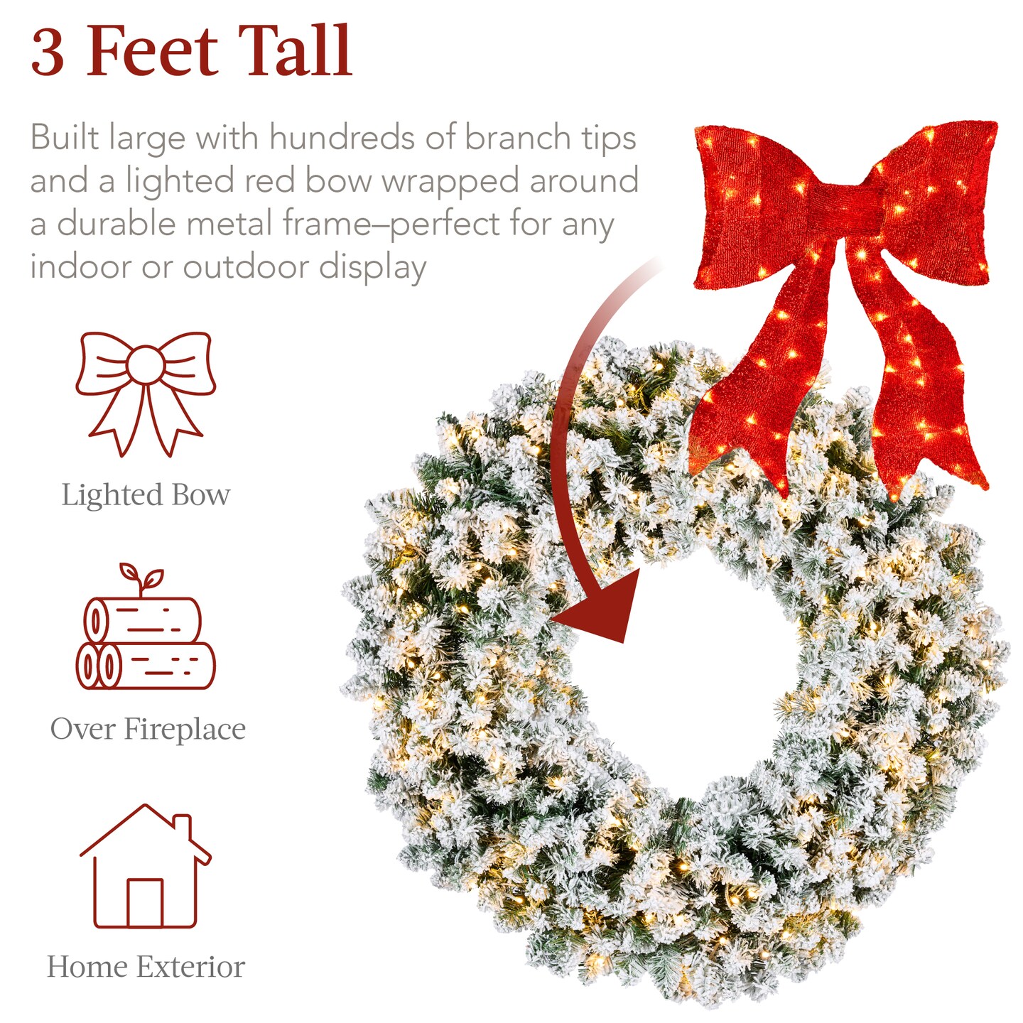 Best Choice Products Artificial Pre-Lit Flocked Fir Christmas Wreath D&#xE9;cor w/ Red Bow, LED Lights, Tips, Plug-In