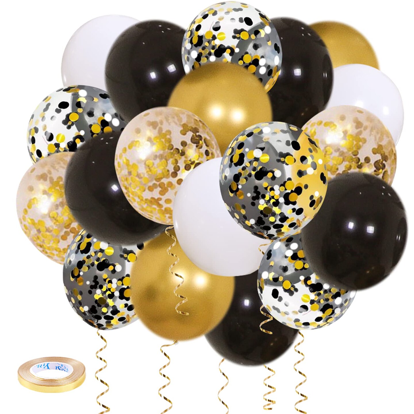 Zesliwy Black Gold Confetti Balloons 50 pack - 12 Inch Gold White and Black Confetti Balloons with Ribbons for Graduation Birthday Wedding Party Decorations… 395075928846663686