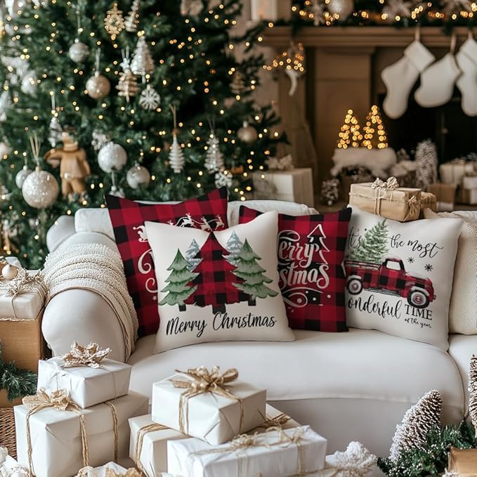 Merry Christmas Throw Pillow Covers 18x18 Inch Set of 4, Xmas Trees Truck Buffalo Plaid Believe Farmhouse Decorative Cushion Cases for Home Decoration G421-18