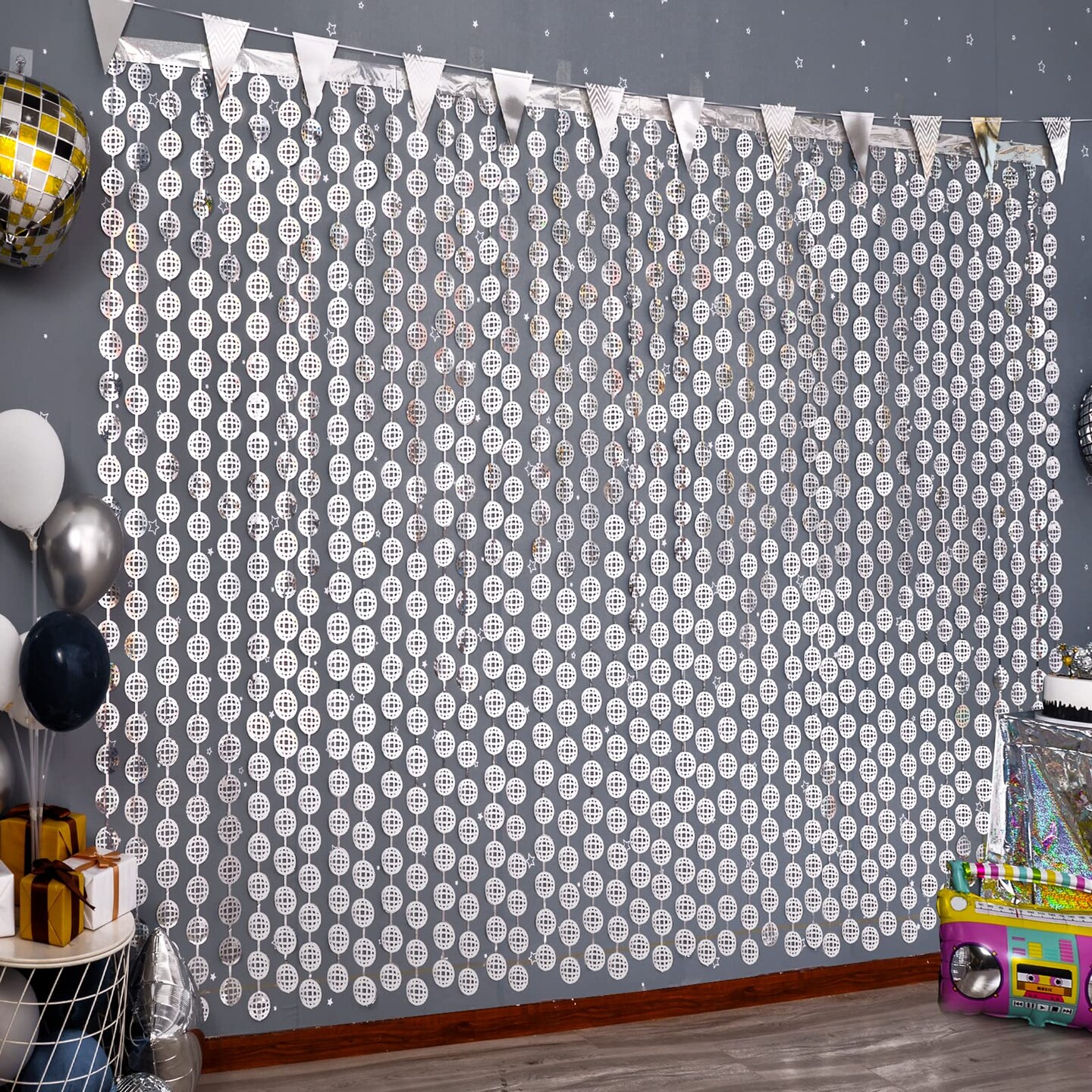 MENSTARSI Disco Party Decorations, 2 Pack Disco Ball Photo Booth Props,3.3x6.6 ft Silver Foil Fringe Curtains Photo Backdrop for The 70s &#x26; 80s Last Disco Bachelorette, Decades, Taylor Party Decor
