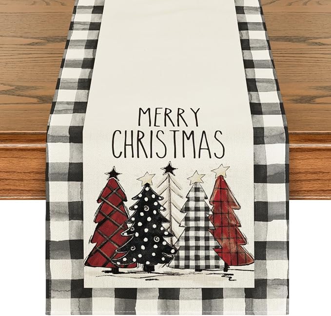 Mode Waterclor Buffalo Plaid Christmas Trees Merry Xmas Table Runner, Seasonal Winter Holiday Kitchen Dining Table Decoration for Indoor Outdoor Home Party Decor 13 x 72 Inch