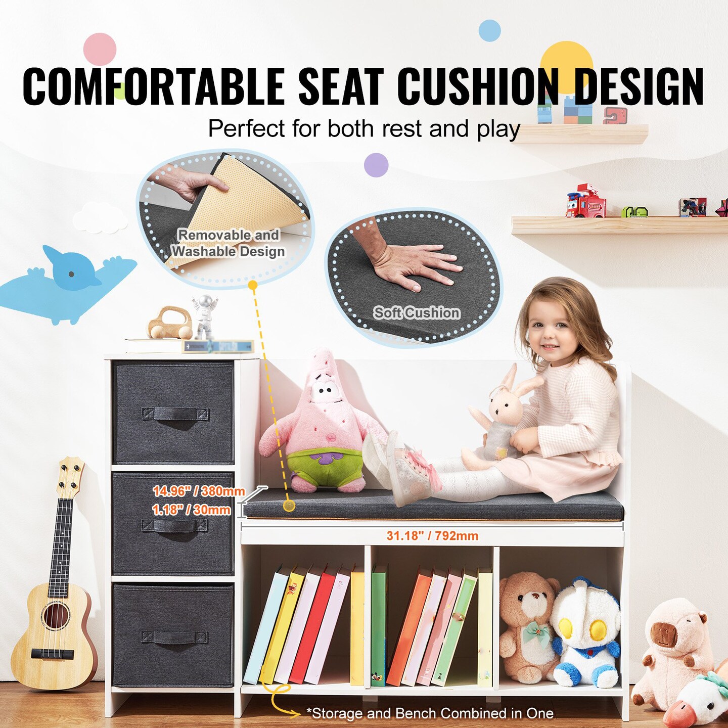 Kids Storage Bench with 6 Compartments 3 Drawers and Removable Cushion for Playroom