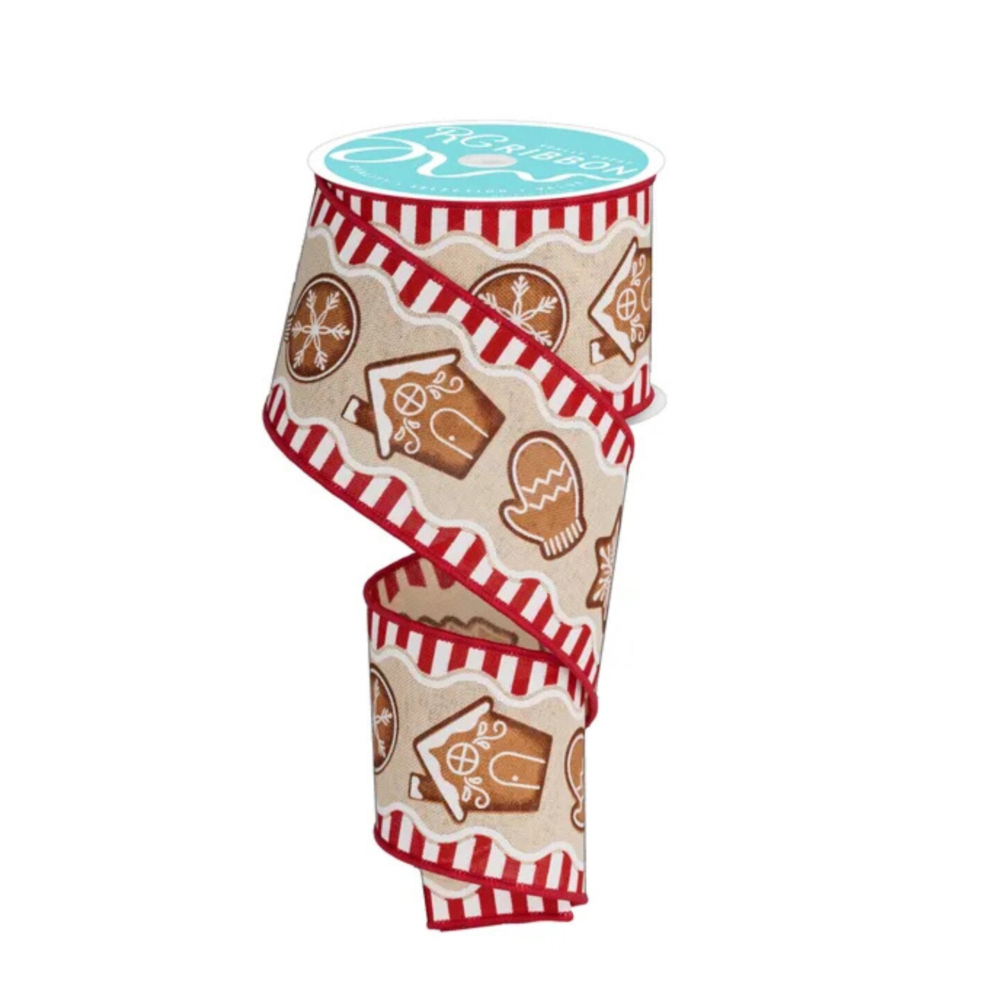 2.5&#x22;x10yd Gingerbread Cookies Wired Christmas Ribbon &#x2013; Red &#x26; Tan Holiday Ribbon for Bows &#x26; Wreaths-RGF119438