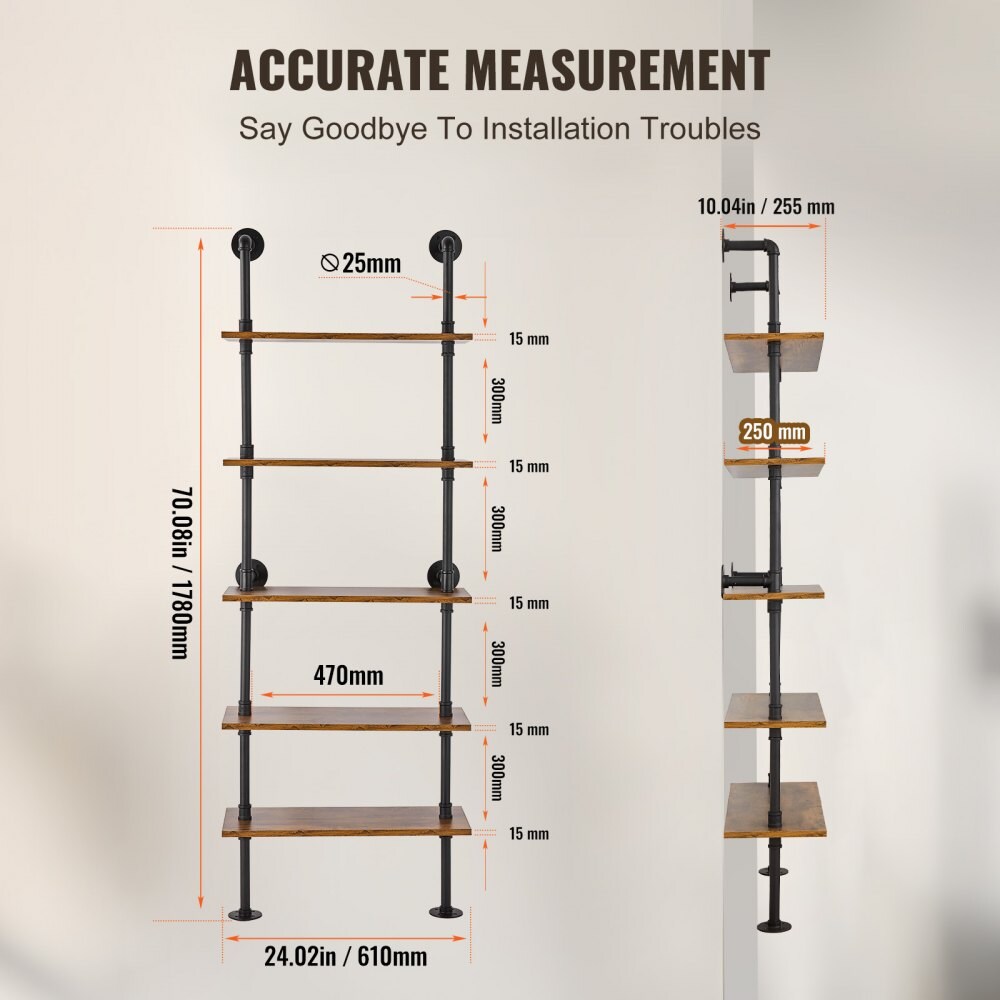 Wall Mounted Industrial Pipe Shelf 5 Tier Wood Storage Unit