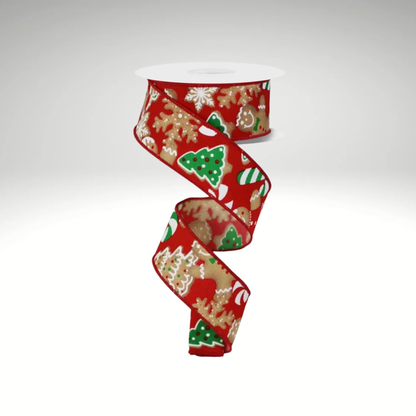 1.5&#x22;x10yd Gingerbread Cookies Christmas Wired Ribbon &#x2013; Red Holiday Ribbon for Wreaths &#x26; Bows-RGE188424