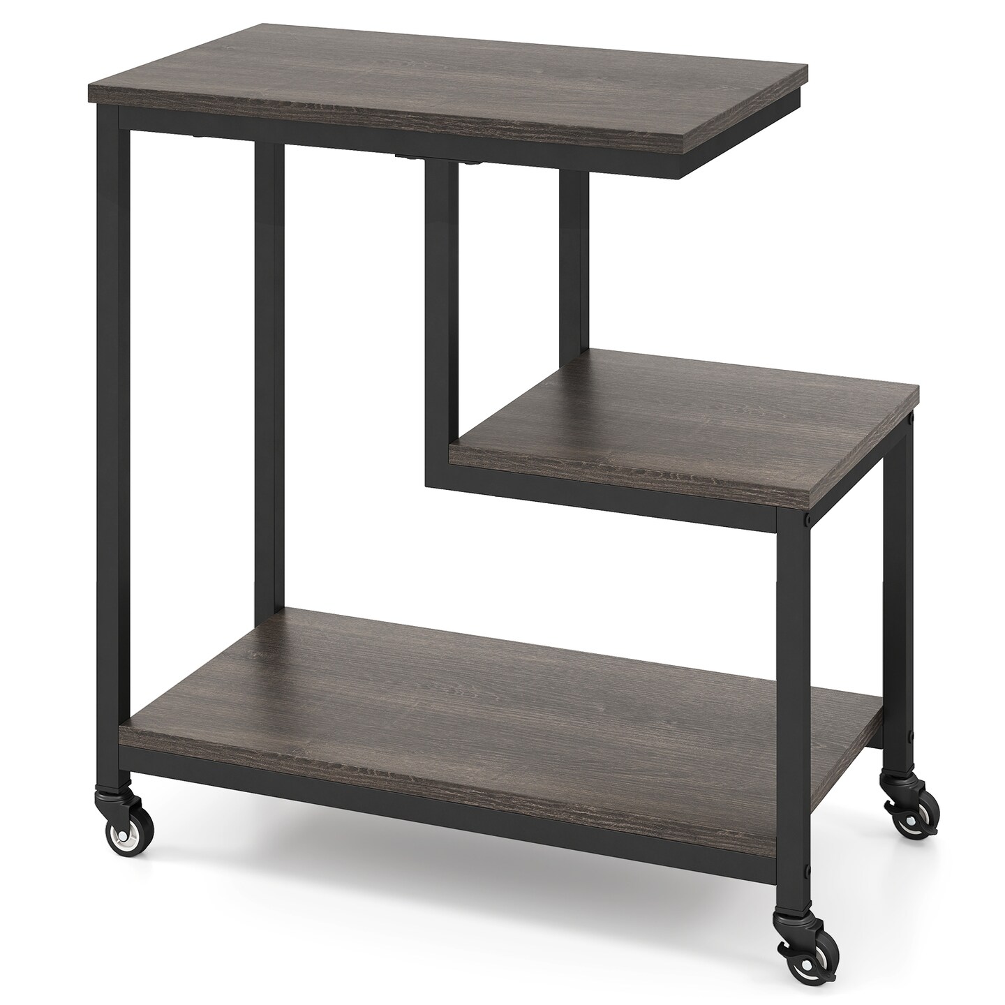 3-Tier G-Shaped End Table with Open Shelves and Mobile Casters for Home Use