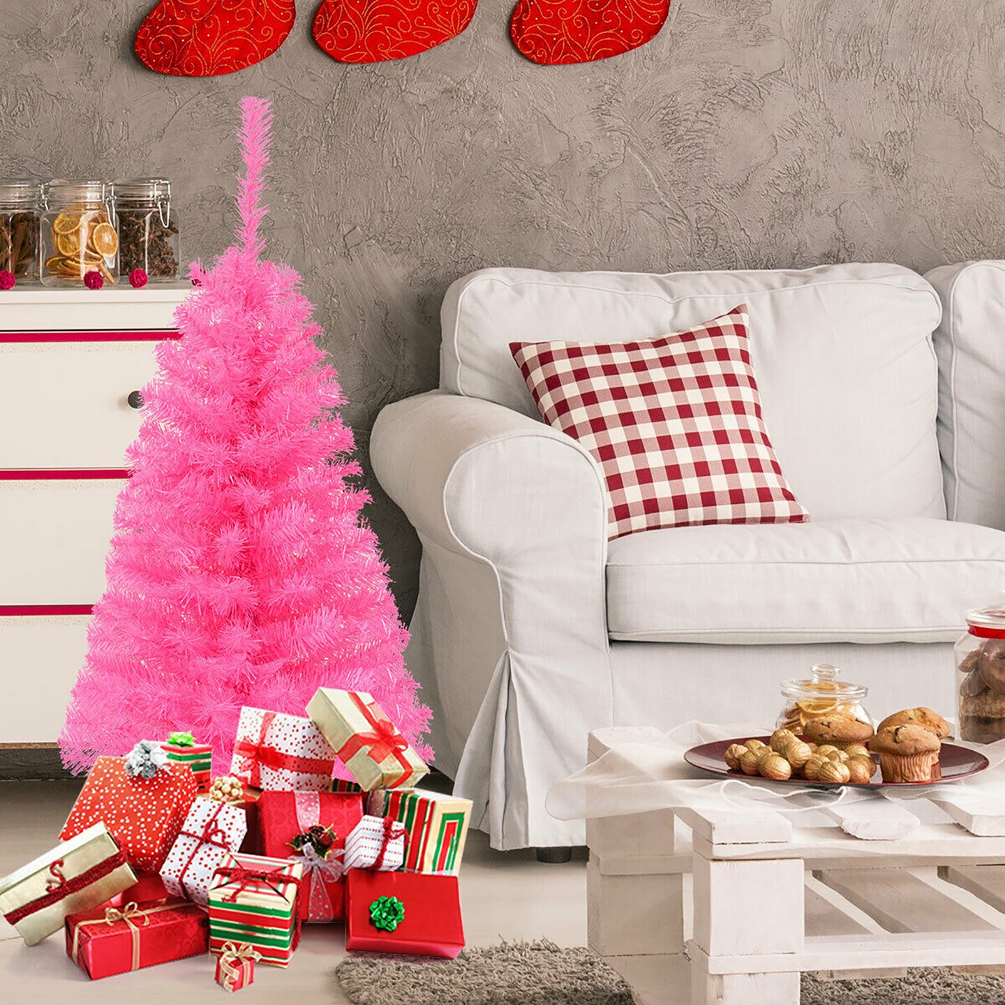 Costway 3ft Unlit Artificial Christmas Halloween Mini Tree Black with Plastic Stand Green/Black/Pink