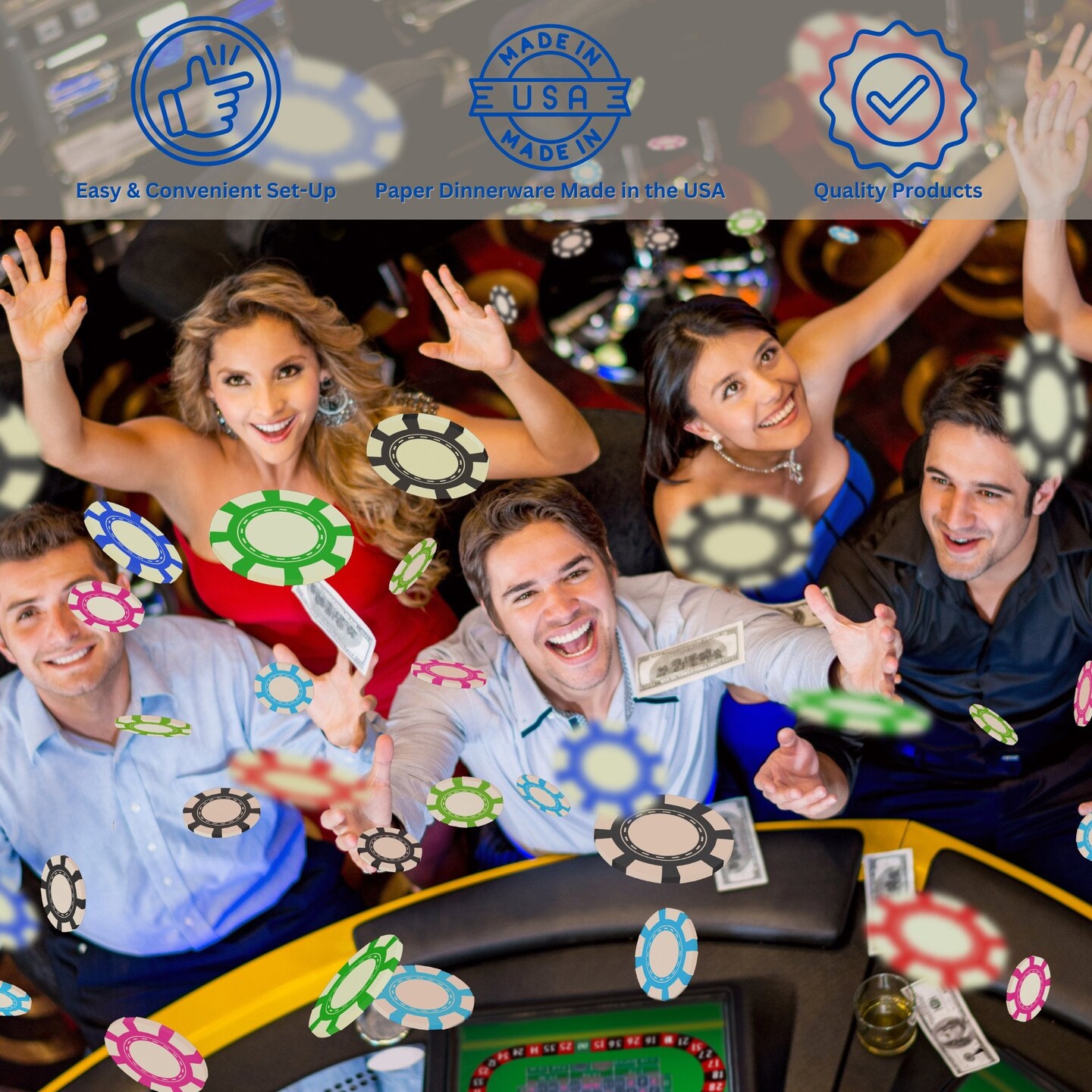 Casino Night Party Supplies Bundle, 10.5" Paper Dinner Plates, 7" Paper Appetizer Plates, and Luncheon Napkins, Serves 8