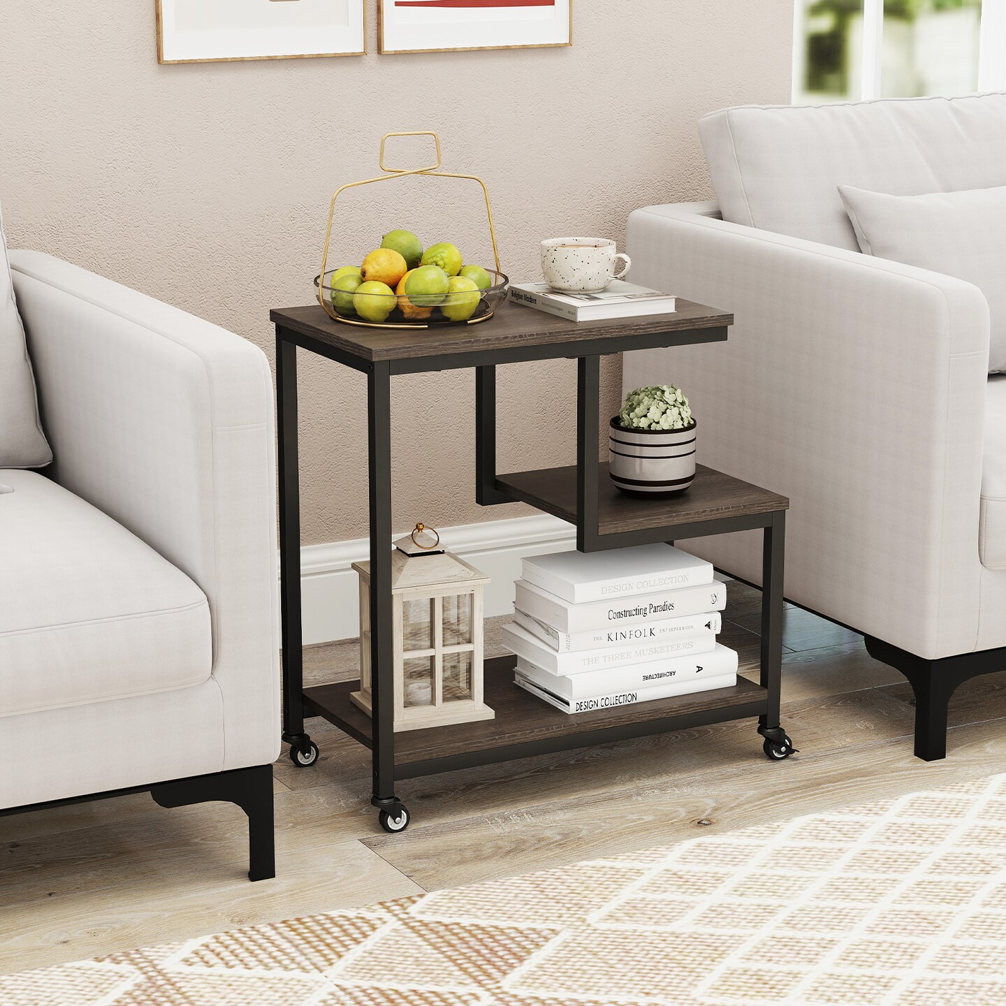 3-Tier G-Shaped End Table with Open Shelves and Mobile Casters for Home Use