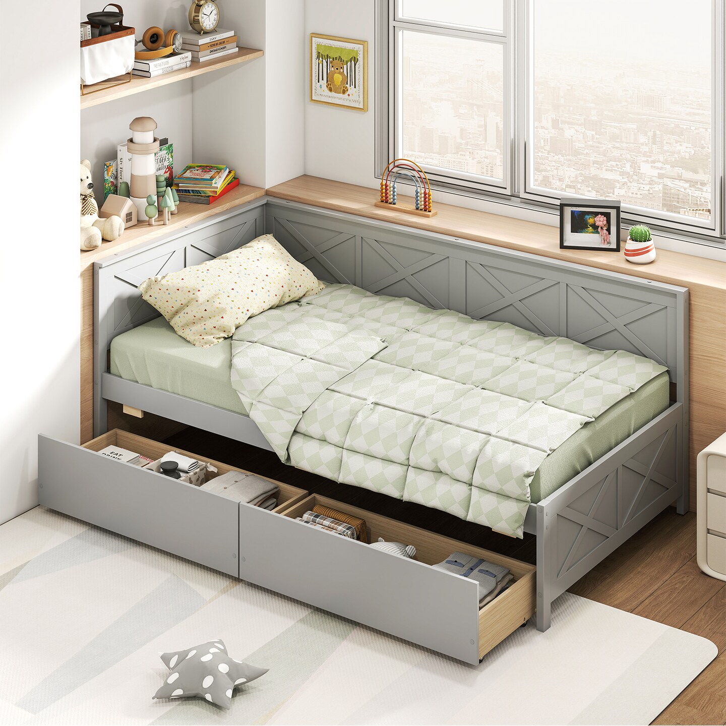 Pine Wood Twin Daybed with Storage Drawers and Platform Design