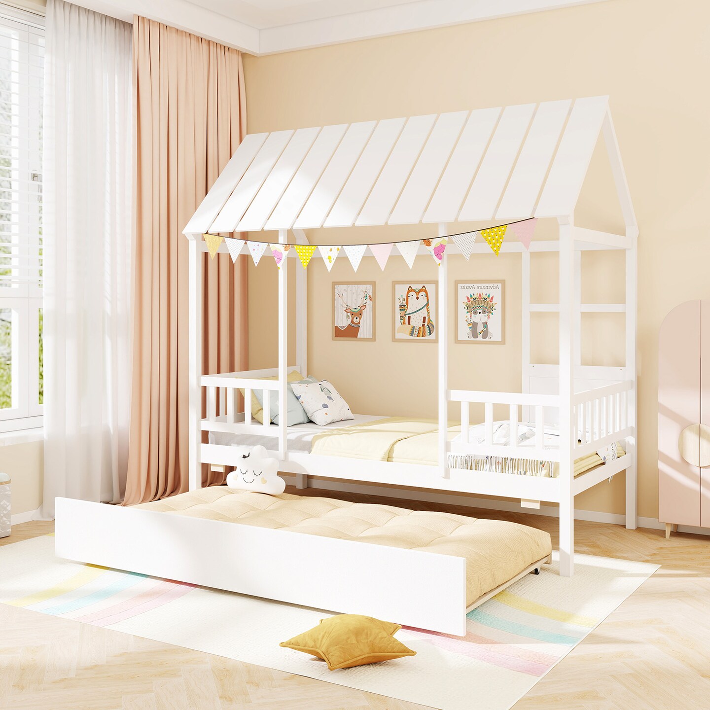 Kids&#x27; White House Bed with Trundle Sturdy Pine Wood and Safe Sleep Design Fun and Practical Bed for Children