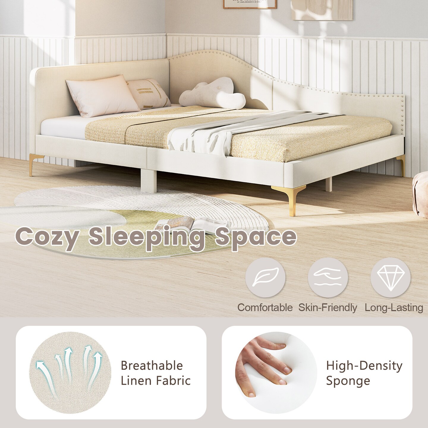 Beige Solid Wood Linen Fabric Daybed with Rivet Tufted Design