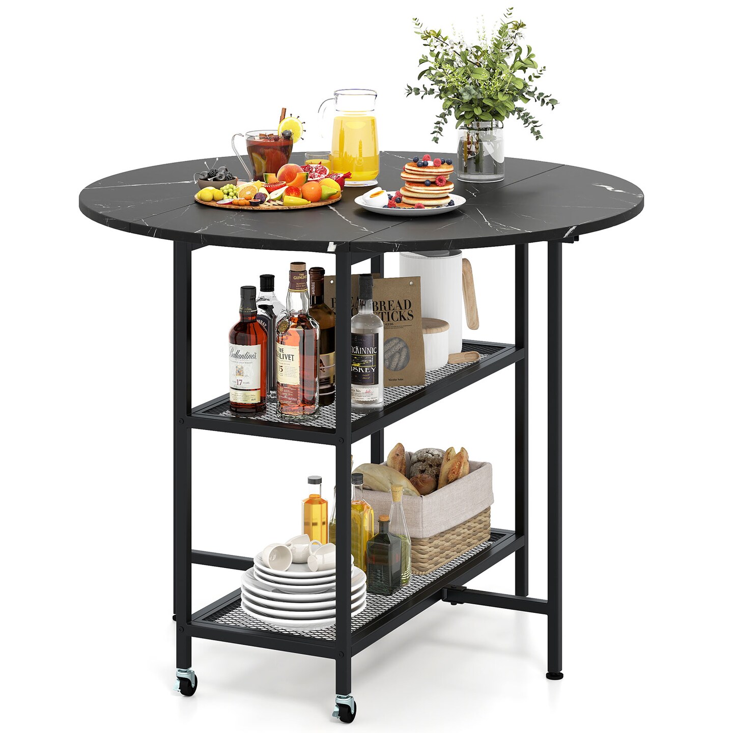 Compact Folding Round Dining Table with Lockable Wheels for Small Spaces