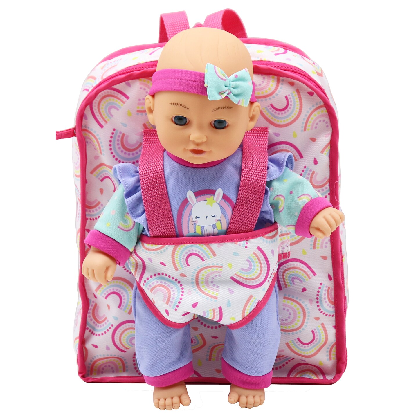 Dream Collection: 12&#x22; Baby Doll Backpack Set - Rainbow &#x26; Bunny - Change Of Outfit &#x26; 10 Accessories, Pretend Play, Kids Ages 2+