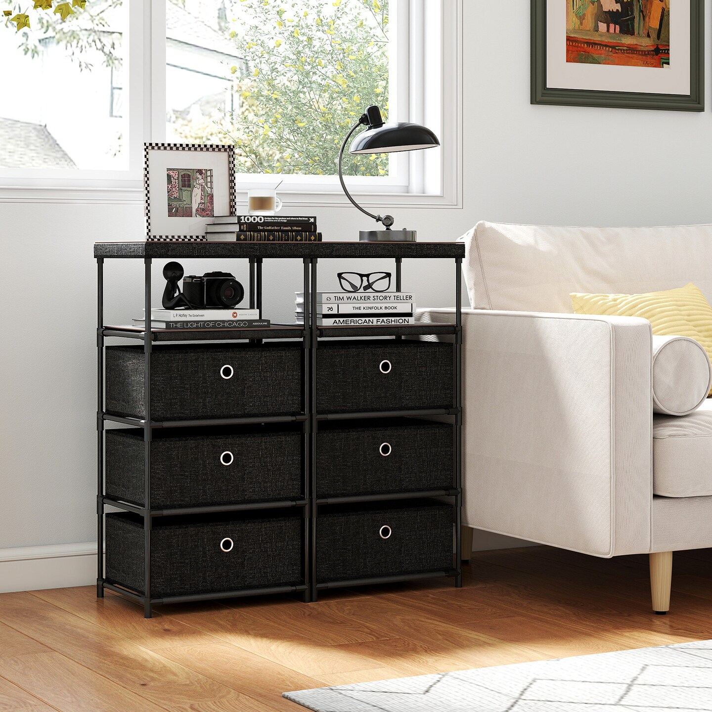 Dresser with Fabric Drawers and Metal Frame for Storage and Display Space