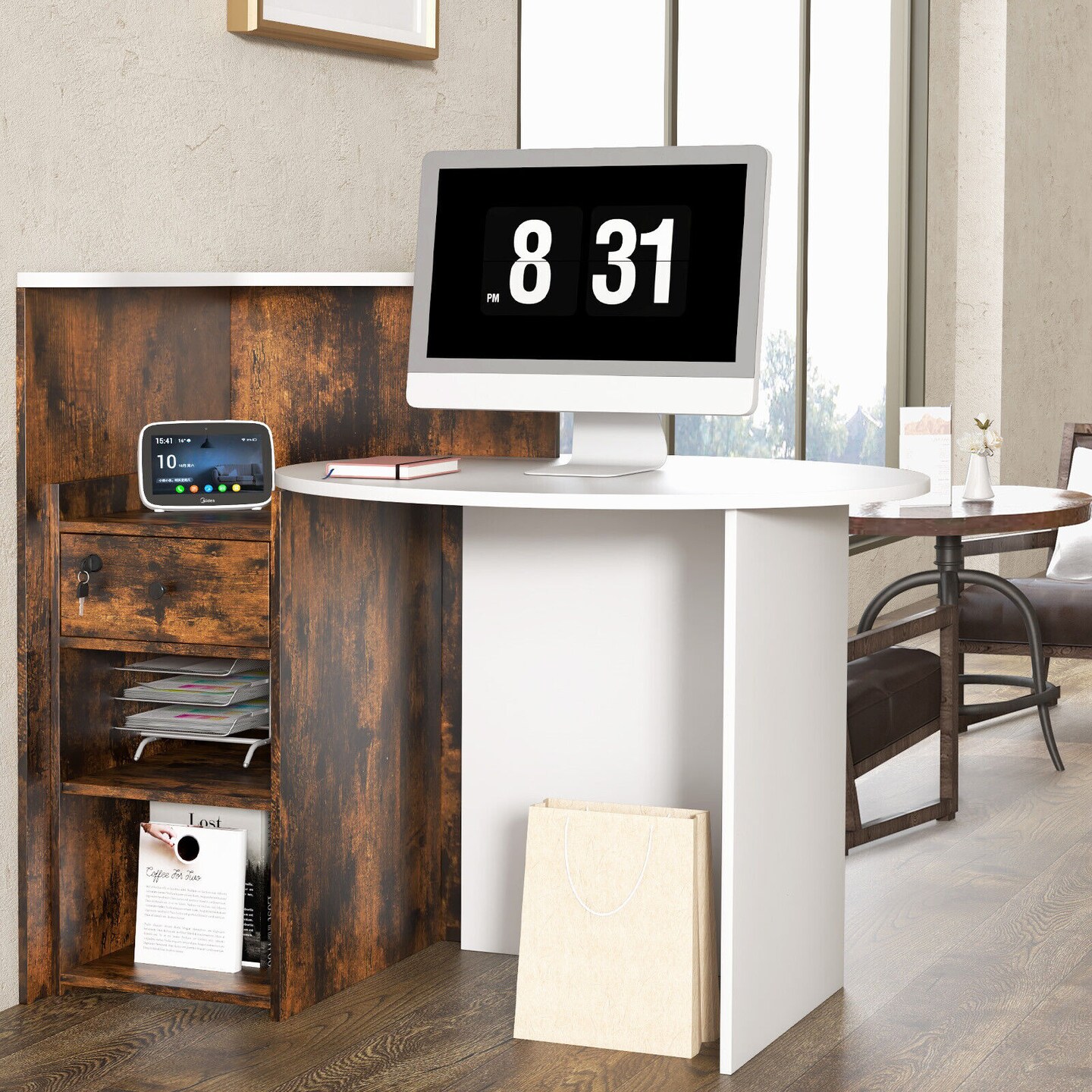 Office Desk with Lockable Drawer and Adjustable Open Shelf for Reception Area