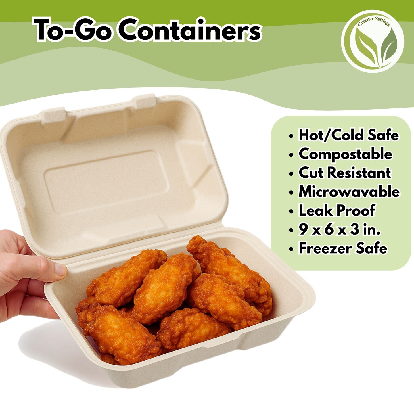 Greener Settings 75-Pack Compostable 9x6 Inch Clamshell Food Containers, Disposable Heavy-Duty Bagasse To-Go Boxes, Microwavable, Recyclable, Freezer Safe for Nachos, Wings, Cookies, Meals