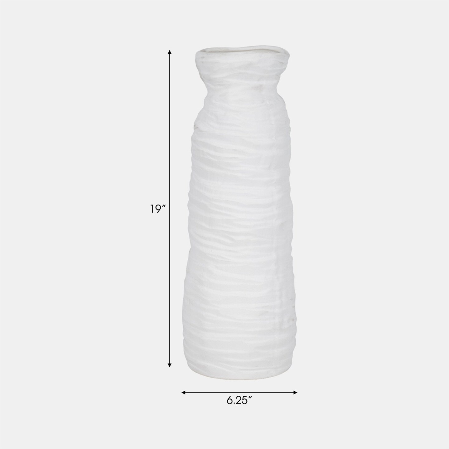 16" Ivory Matte Ceramic Vase, Horizontal Ribbed Texture, Modern Minimalist Decorative Floor or Table Vase