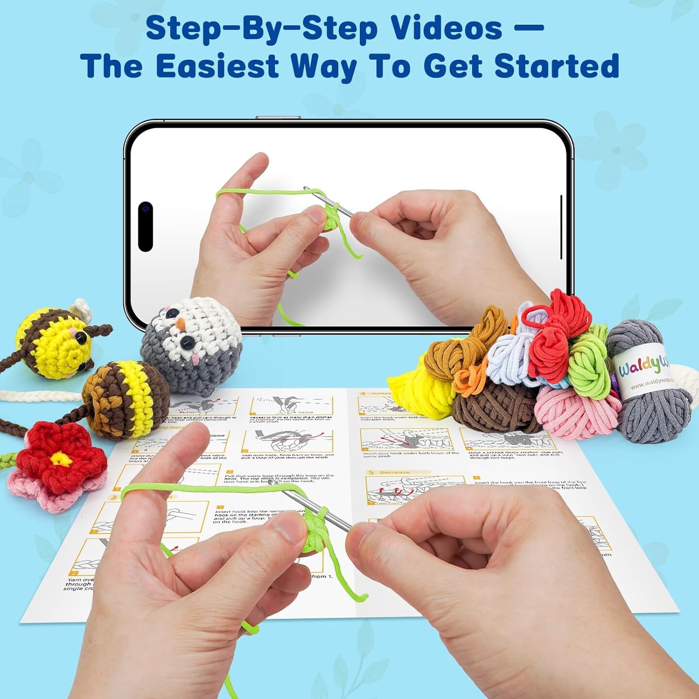 3 Animal & Flower Bookmarks Crochet Kit - Yellow, Blue, Pink 5.19 x 3.15 x 2.36 inches