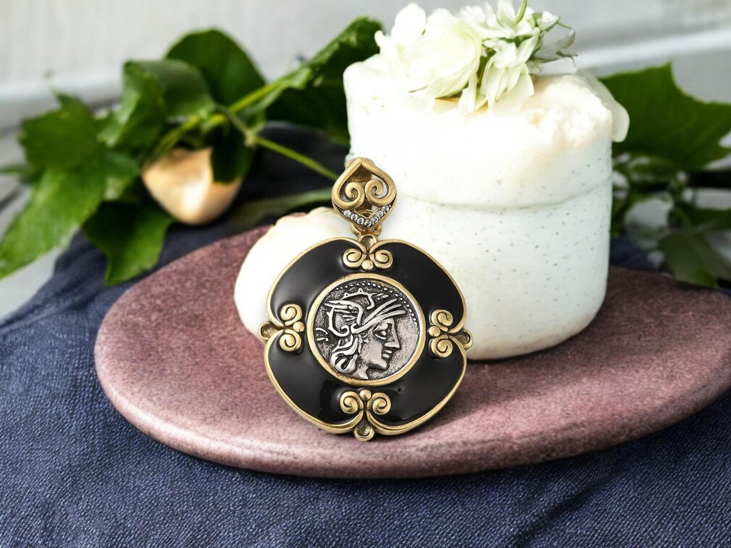 35x31mm Gold Plated Brass w/Cubic Zirconia &#x26; Enamel Roman Coin Replica Pendant