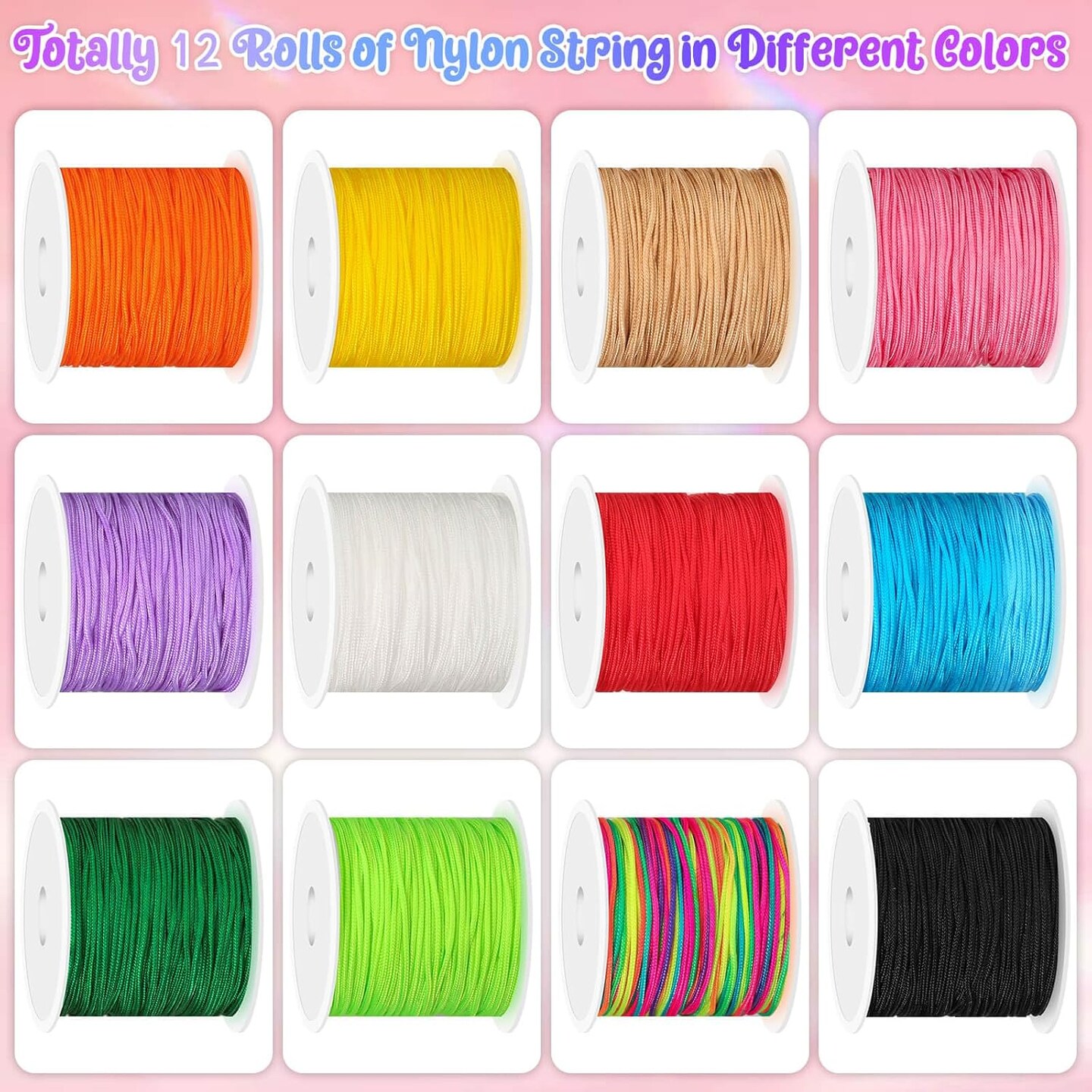 12 Rolls Nylon String for Bracelets, Chinese Knotting Nylon Cord for Jewelry Making, Nylon Beading Thread for Kumihimo, Braided Bracelets, Necklaces, Macrame Craft, Wind Chime