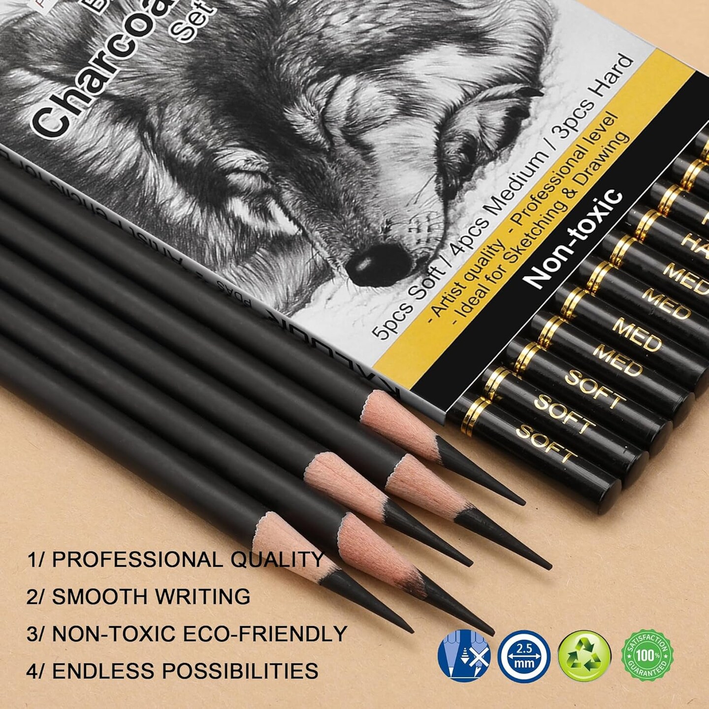 Professional Charcoal Pencils Drawing Set -12 Pieces Soft