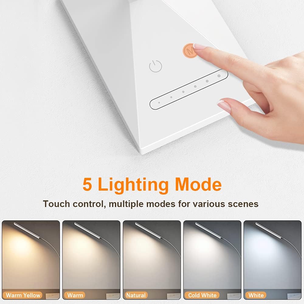 LED Desk Lamp with USB Charging Port, Eye-Caring, 5 Color Modes,6 Brightness Levels, Touch Control, Flexible Gooseneck, Memory Function for Dorm Office Work Bedroom