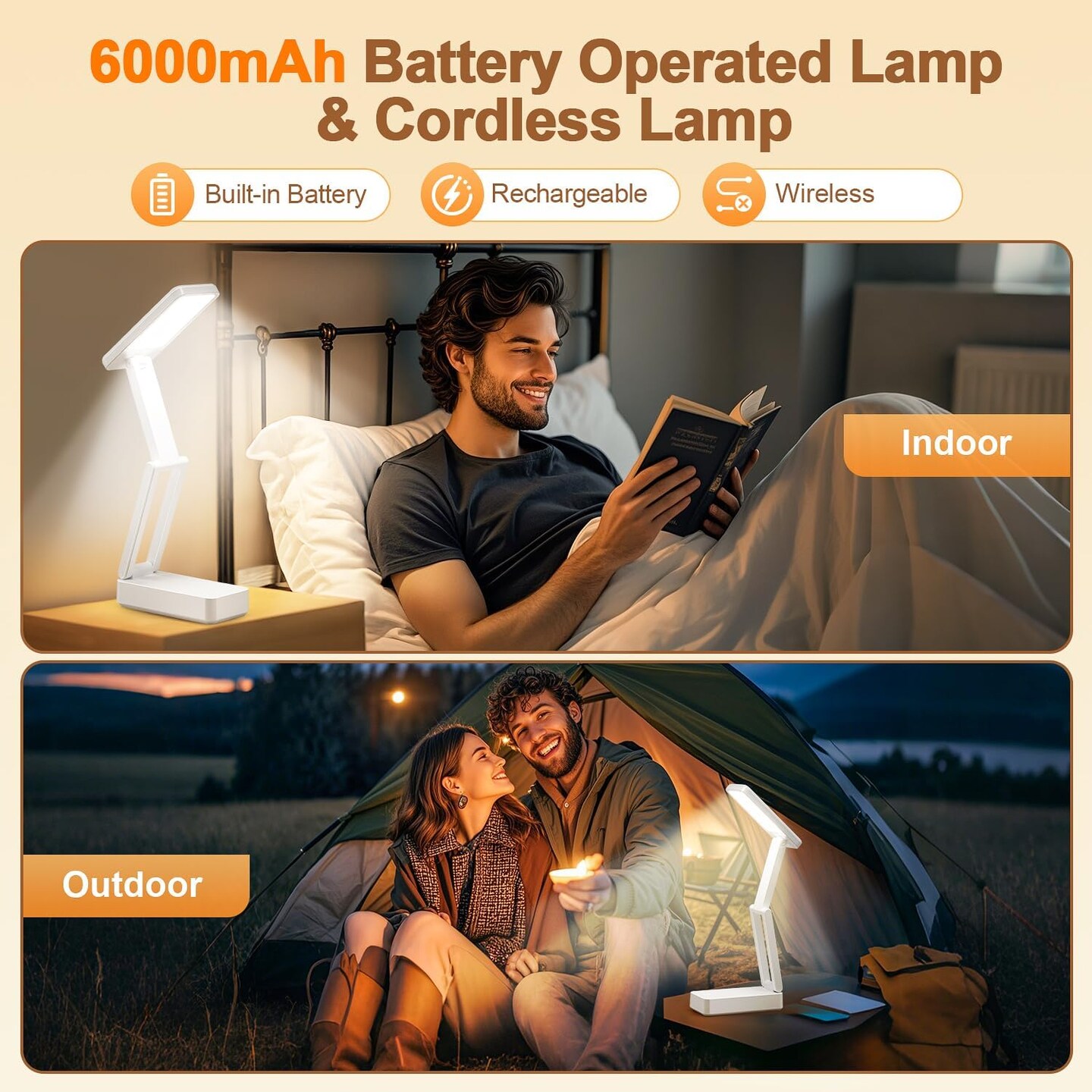 Rechargeable Lamps Cordless Lamps,6000mAh Small Battery Operated Lamp,3 Colors+Dimmable Desk Light,Small Desk Lamp with USB Charging Port+Timer,Battery Operated Lights,Wireless Lamp &#x26; Portable Light