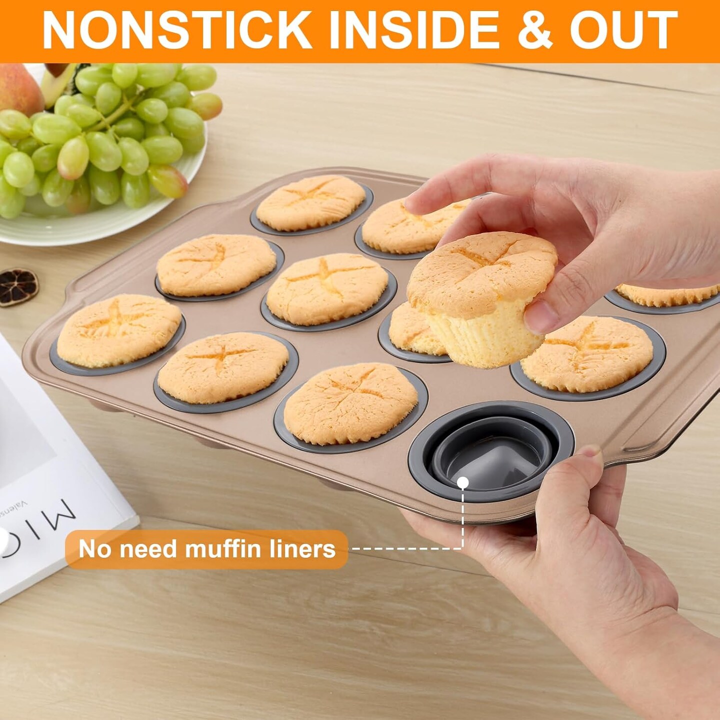 Silicone Muffin Pan with Metal Frame, 12 Cups Silicone Muffin Pan - Nonstick Cupcake Pan 1 Pack Regular Size Silicone Mold for Baking, Muffin Tins Easy to Pop Bakeware for Oven, Golden Gray