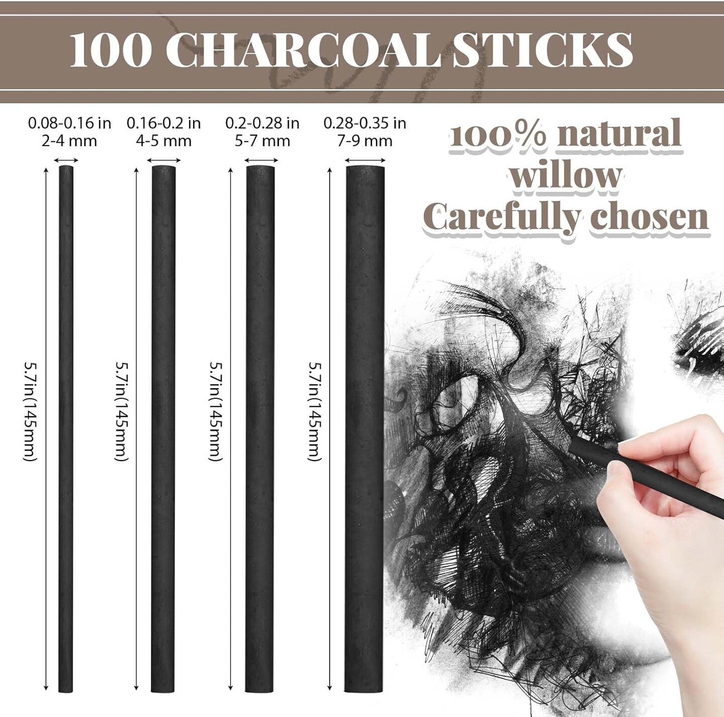 100 pcs Willow Charcoal Sticks – Soft Black Drawing Charcoal (Various Sizes)