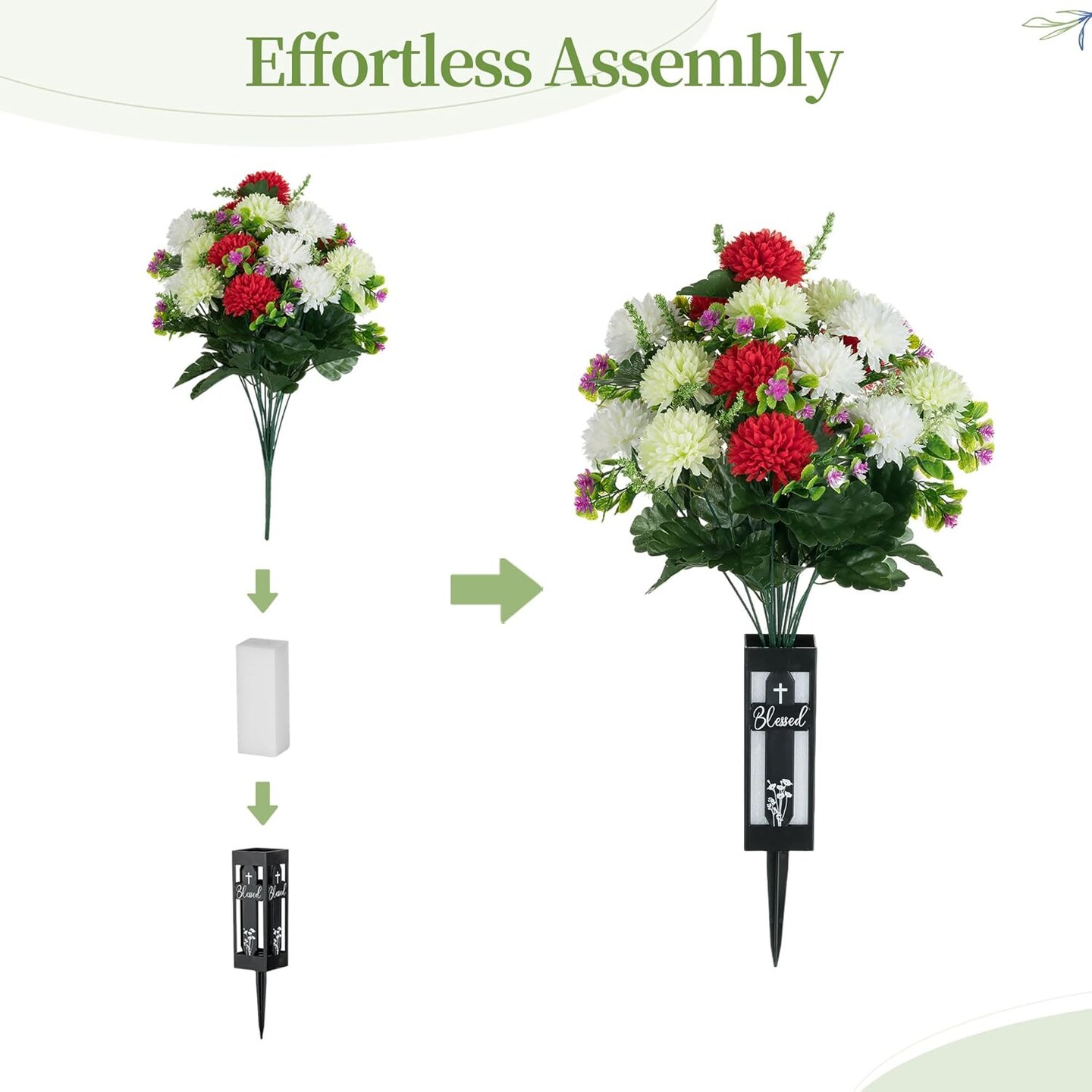 Artificial Cemetery Flowers for Grave – 2 Pcs, 18-Head Fake Mums with Vases, Spring Memorial Decorations for Outdoor Graves