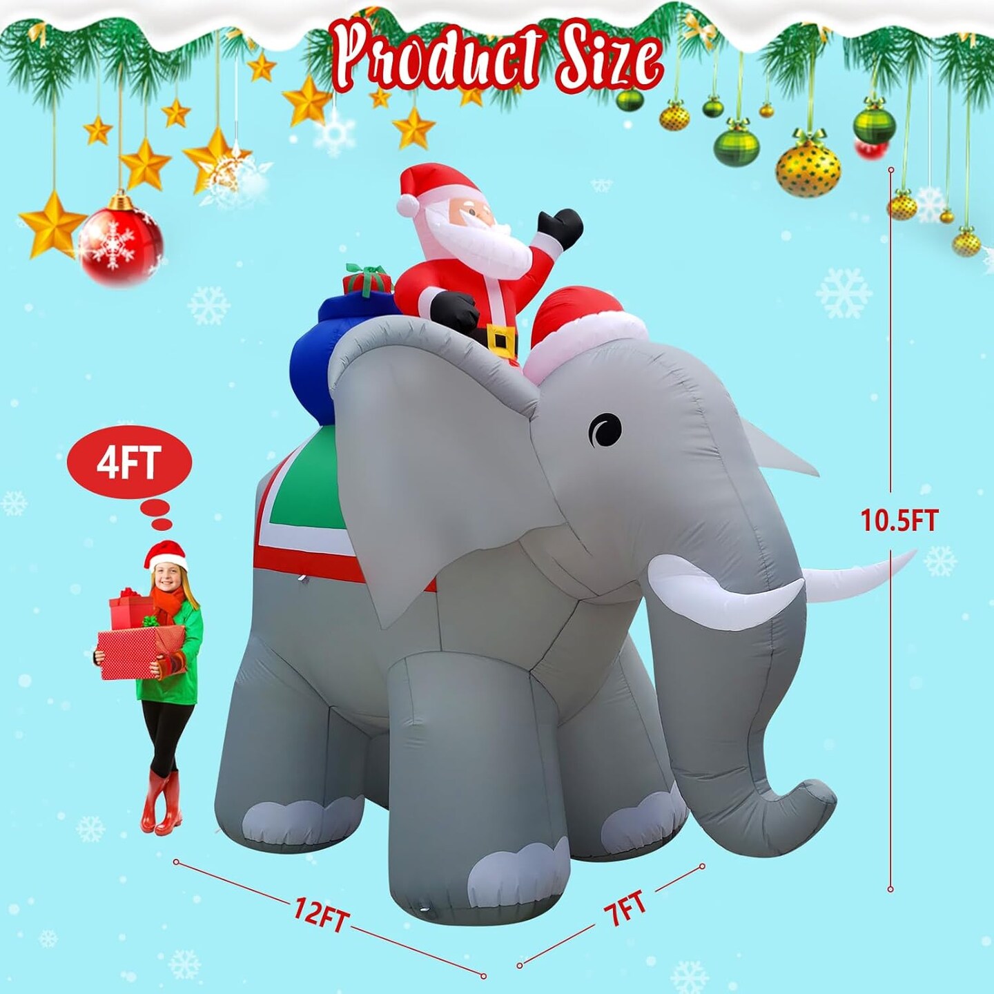 12FT Christmas Inflatables Santa Ride Huge Elephant Decoration, Inflatable Elephant Built-in 7 LED for Christmas Decoration Home Yard Lawn Garden Party Outdoor Indoor Night Xmas Gift