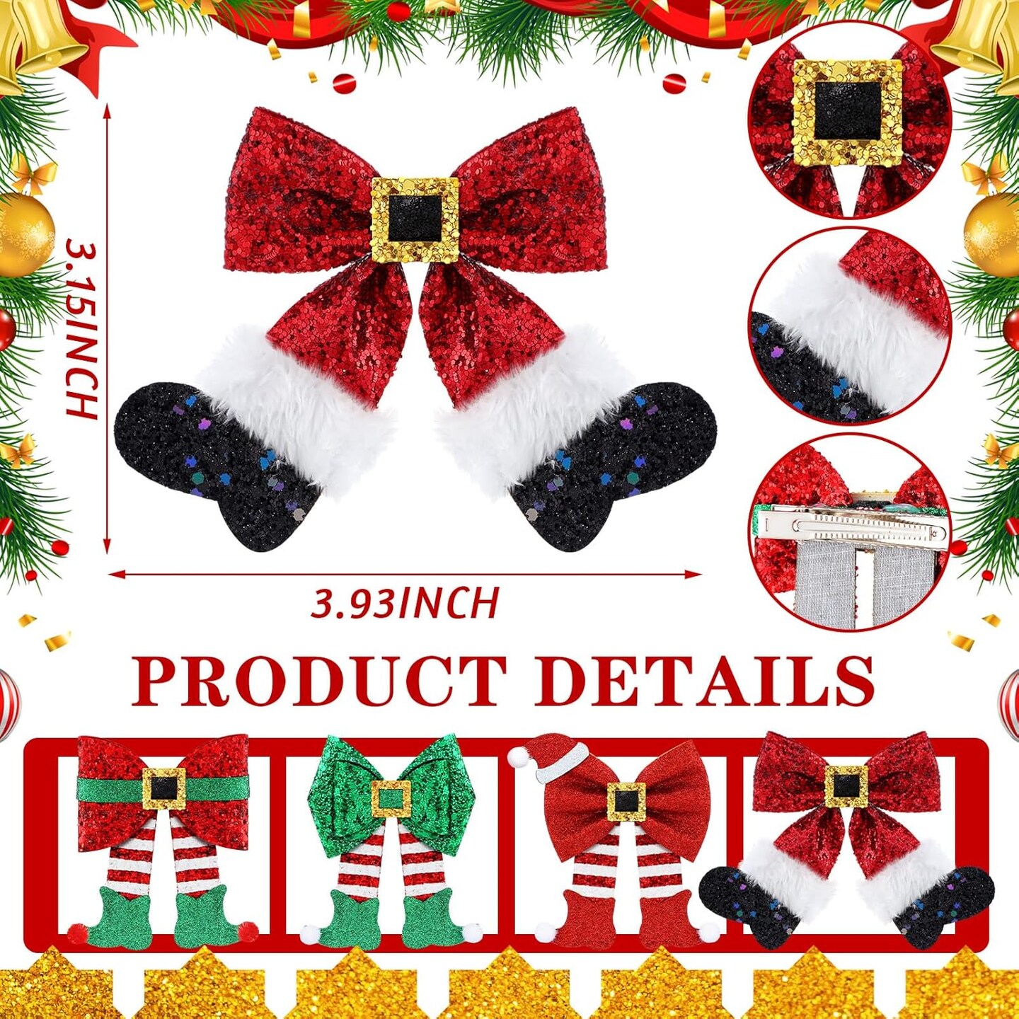 4 Pack Christmas Hair Clips Glitter Sequins Bow Hair Clips Red Bow Hair Clips Glitter Bow Party Cute Decoration Deer Antler Elf Headdress Clips Christmas Hat Bows for Women Gifts