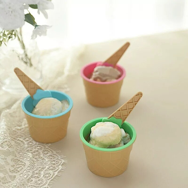 6 Assorted Reusable Plastic Dessert Cups Ice Cream Bowls Spoons Set Party Events