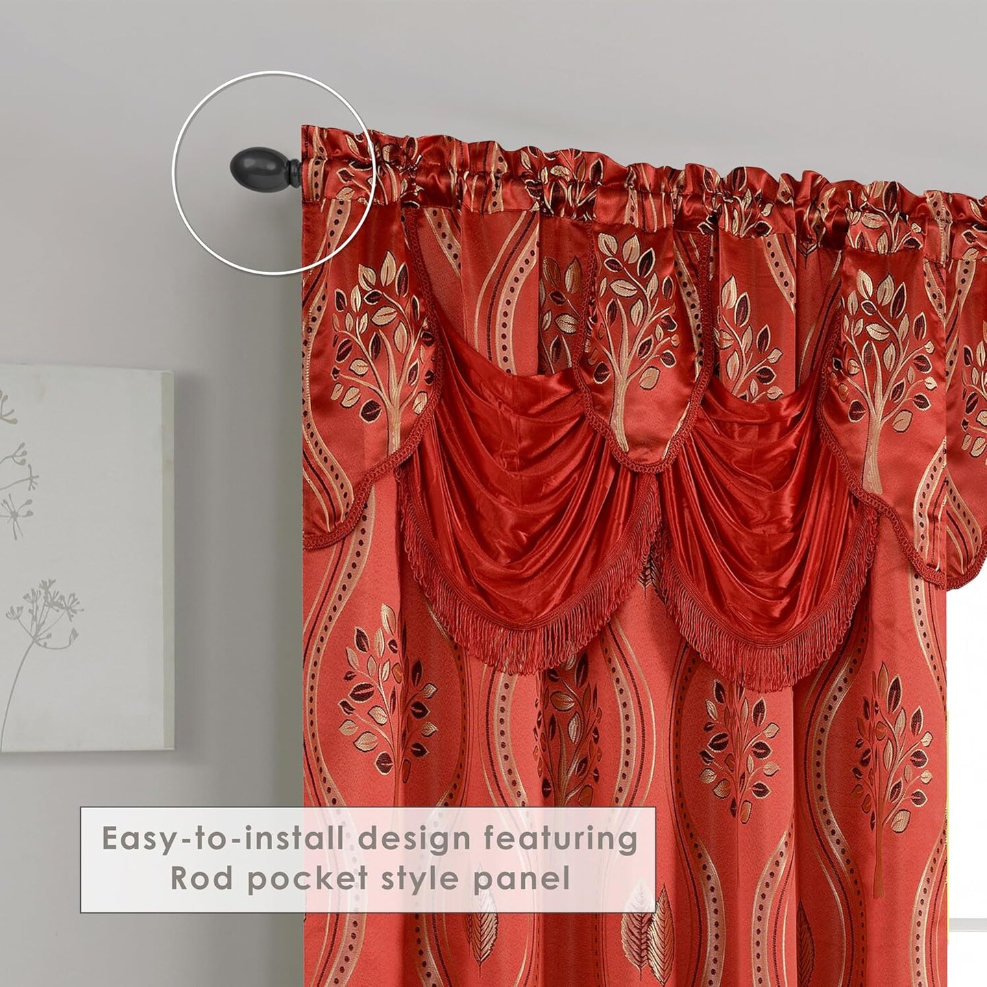 Luxurious Beautiful Curtain Panel Set with Attached Valance and Backing 54&#x22; X 84 inch (Set of 2), Red