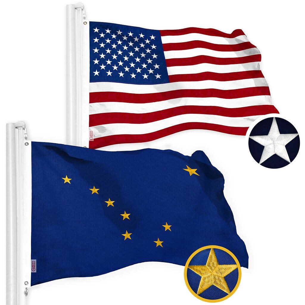 G128 Combo Pack: American USA Flag 3x5 Ft &#x26; Alaska Flag 3x5 Ft, Both Embroidered SPUN Polyester, Indoor/Outdoor, Brass Grommets