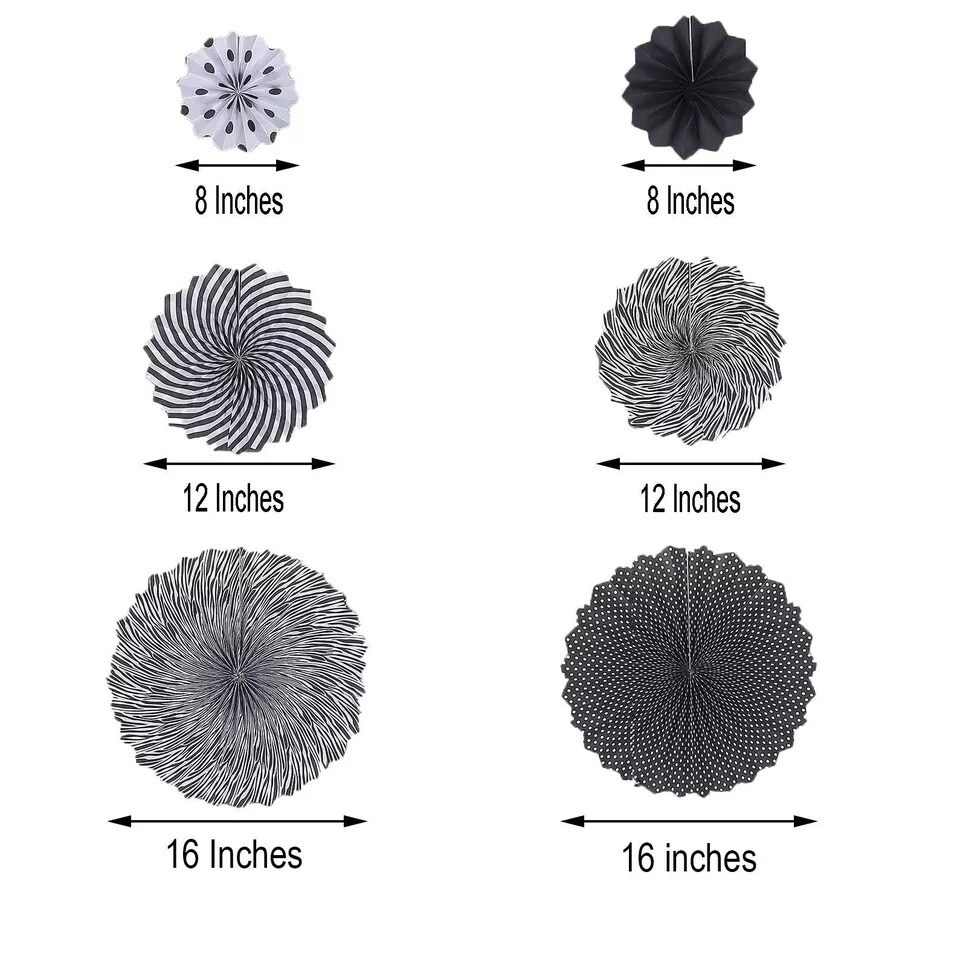 6 pcs Black and White Paper Fans Wall Backdrop Wedding Party Events Decorations