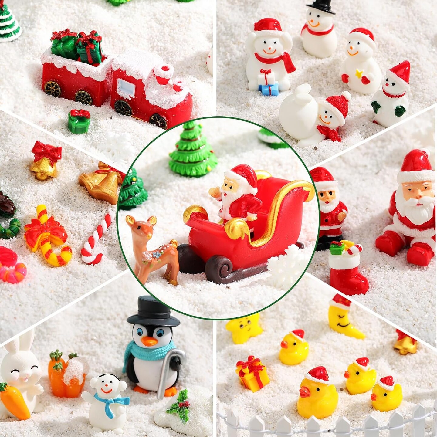 150 Pieces Christmas Miniature Figurines for Crafts Santa Snowman Figurines Mini Resin Landscape Bell Snowflake Christmas Tree Reindeer Gifts for DIY Crafts Winter Xmas Party Decor